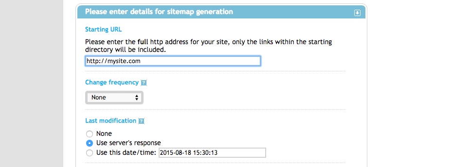 A screenshot of an XML sitemap generator tool