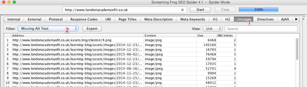 A screenshot of the Screaming Frog SEO Spider tool revealing missing image alt tags